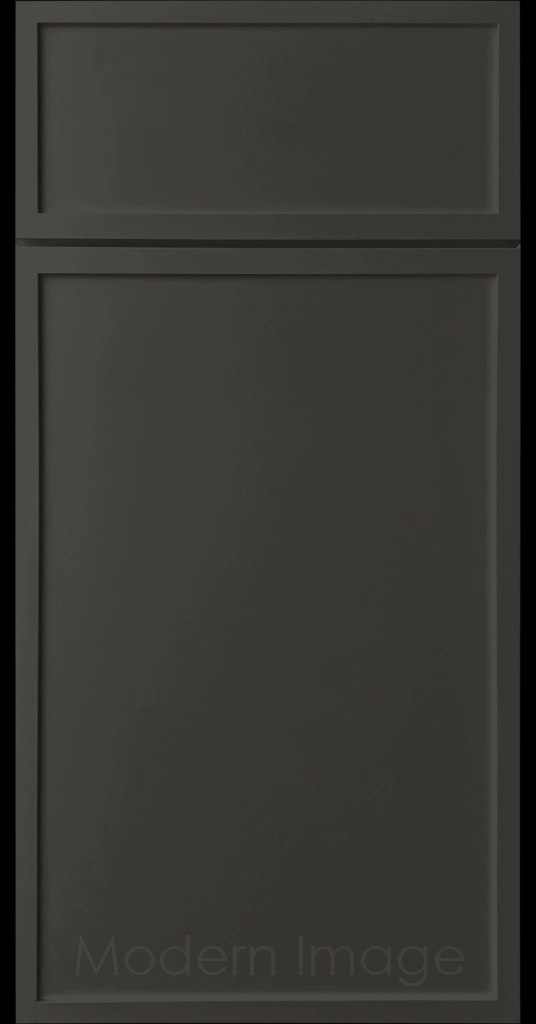 Close-up of a Iron Ore color Arcadia shaker-style cabinet door, featuring slim stile and rail surrounding a flat center panel